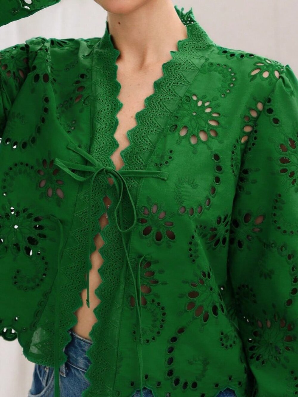 Green Boho Women's Loose Long Sleeve Blouse - Picture 6 of 6